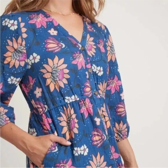 Marine Layer Willow Long Sleeve Midi Dress Batik Floral 100% Cotton Blue Small - Picture 5 of 11